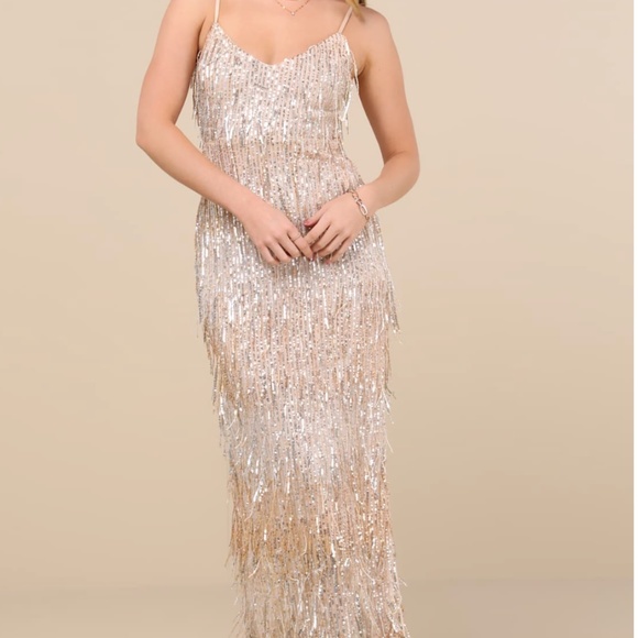 NWT Lulus Sashi Gold Sequin Fringe Maxi Dress - Picture 3 of 11